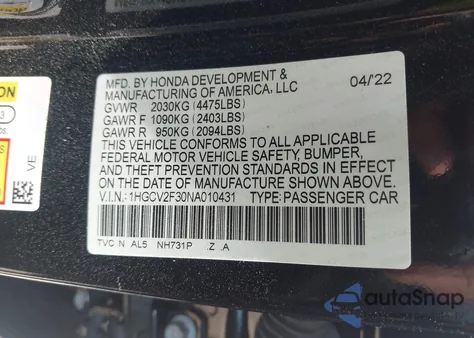 2022 Honda Accord Sport 2.0T from USA, damaged, VIN 1HGCV2F30NA010431